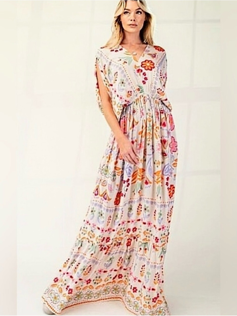 Easel Bohemian Floral Maxi Dress - Off White with Multicolor Print